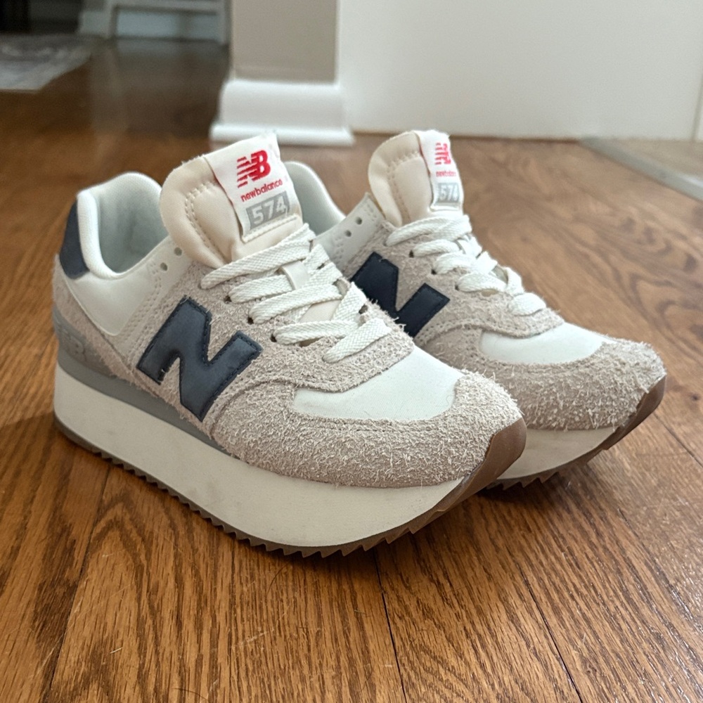 New Balance 574 Cream and Navy Platform Shoes